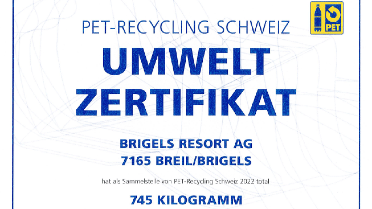Umwelt-Zertifikat PET-Recycling - Pradas Resort