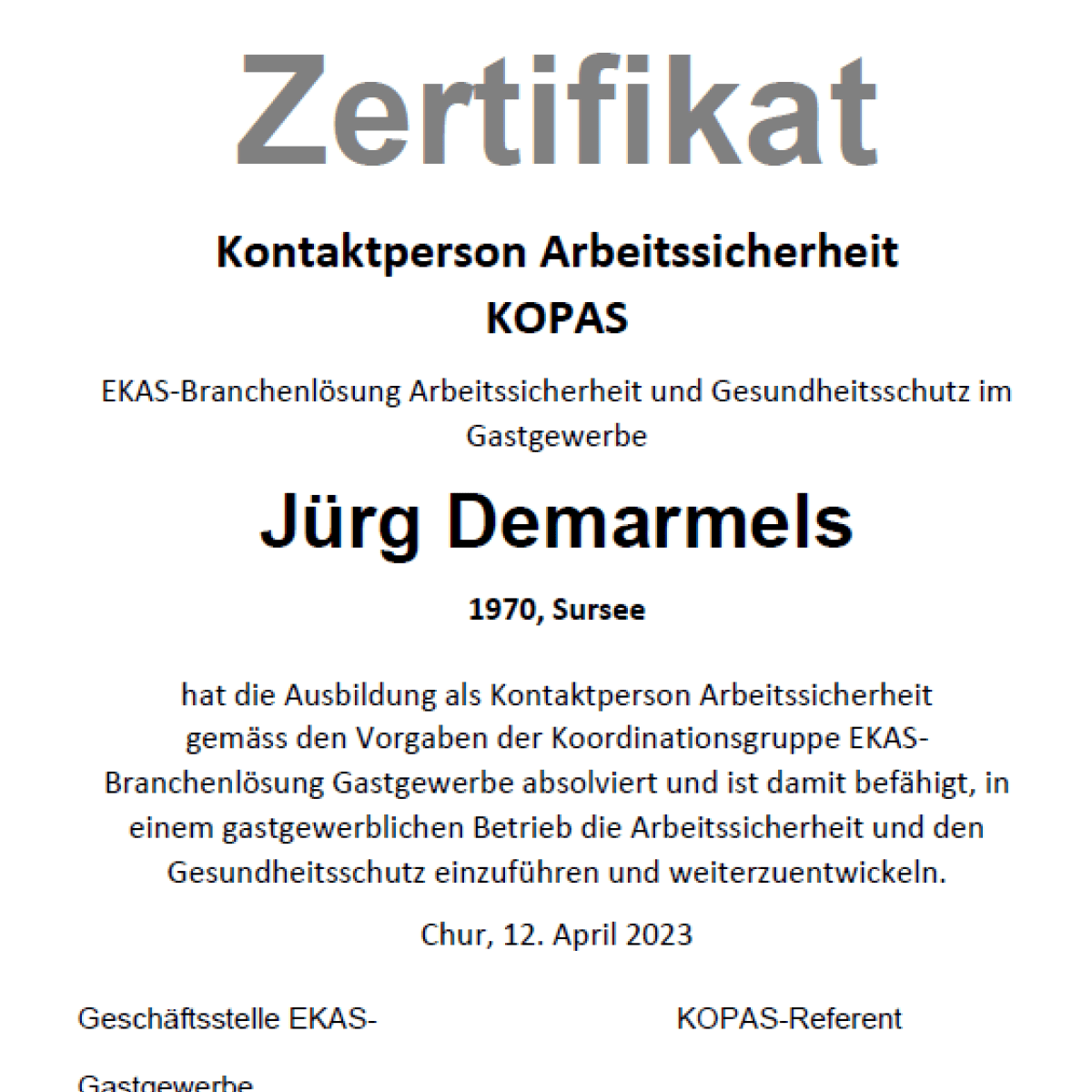 Kopas Zertifikat Jürg Demarmels